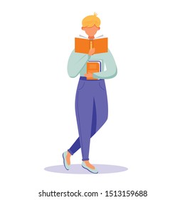 Young person reading book flat vector illustration. Student with textbook. Exam preparation. Standing man read publication, hold encyclopedia isolated cartoon character on white background