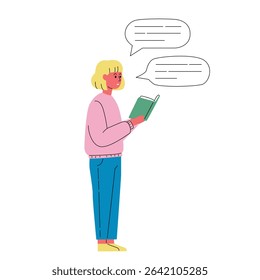 Young Person Reading a Book with Speech Bubbles