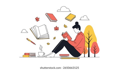 Young person reading a book surrounded by falling autumn leaves and flying pages enjoying a quiet afternoon learning