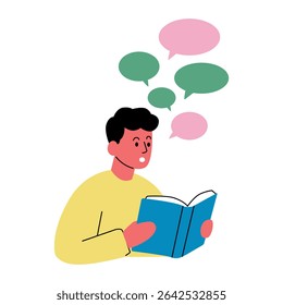 Young Person Reading a Book with Thoughts and Ideas