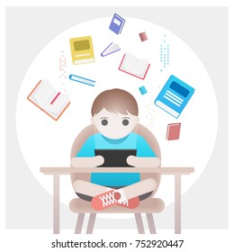 Young person reading an e-reader surrounded by paper books