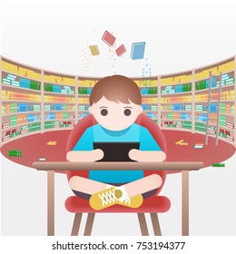 Young person reading an e-reader surrounded by paper books in a library.