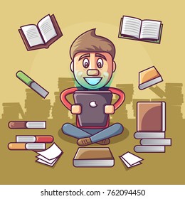 Young person reading an e-reader surrounded by paper books (in a library, next to a bookcase)