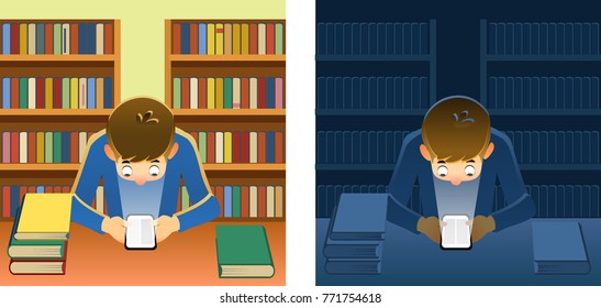 Young person reading an e-reader surrounded by paper books. Day and night