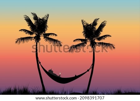 young person relaxing laying back in a hammock having a drink and enjoying life. Hammock under the coconut trees