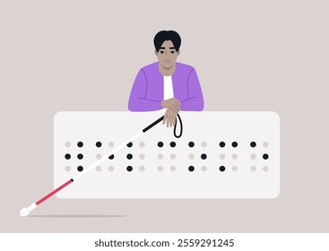 A young person rests their arms on a large Braille welcome sign, holding a white and red cane, This scene highlights the importance of accessibility and inclusion for everyone