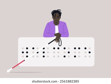 A young person rests their arms on a large Braille welcome sign, holding a white and red cane, This scene highlights the importance of accessibility and inclusion for everyone