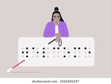 A young person rests their arms on a large Braille welcome sign, holding a white and red cane, This scene highlights the importance of accessibility and inclusion for everyone