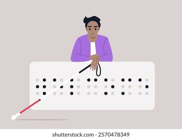 A young person rests their arms on a large Braille welcome sign, holding a white and red cane, This scene highlights the importance of accessibility and inclusion for everyone