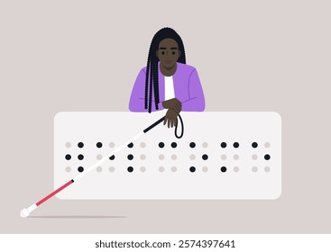 A young person rests their arms on a large Braille welcome sign, holding a white and red cane, This scene highlights the importance of accessibility and inclusion for everyone