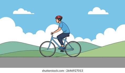 Young Person Rides Bicycle on a Sunny Day with Rolling Hills and Clouds