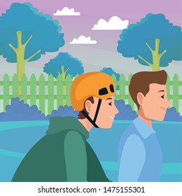 Young person riding bicycle and man man walking in the park outdoors scenery ,vector illustration graphic design.