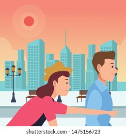 Young person riding bicycle and man man walking in the city urban scenery background ,vector illustration graphic design.