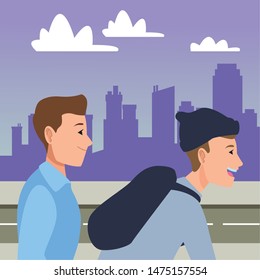 Young person riding bicycle and man man walking in the city urban scenery background ,vector illustration graphic design.