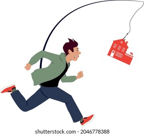 Joven corriendo tras un hogar inalcanzable que representa las luchas de los compradores de vivienda por primera vez, ilustración vectorial EPS 8