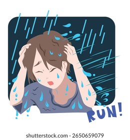 Jovem correndo ou fugindo de chuva. Ilustração com estilo de desenho animado plano simples isolado em fundo branco quadrado.