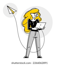 Young person sending message in some messenger or social media online, vector outline illustration, e-mail notification or newsletter, communication technology.