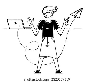 Young person sending message in some messenger or social media online, vector outline illustration, e-mail notification or newsletter, communication technology.