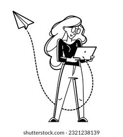 Young person sending message in some messenger or social media online, vector outline illustration, e-mail notification or newsletter, communication technology.