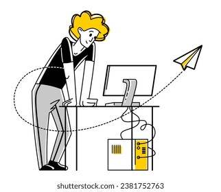 Junge Menschen, die Nachrichten in irgendwelchen Nachrichten oder sozialen Medien online senden, Vektorgrafik, E-Mail-Benachrichtigung oder Newsletter, Kommunikationstechnologie.