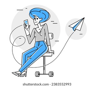 Young person sending message in some messenger or social media online, vector outline illustration, e-mail notification or newsletter, communication technology.