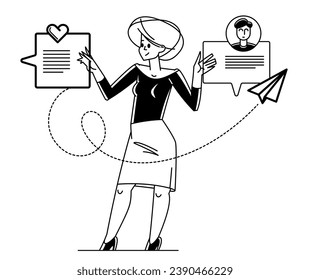 Joven que envía mensajes en línea en algún mensajero o medio social, ilustración de esquema vectorial, notificación por correo electrónico o boletín, tecnología de comunicación.