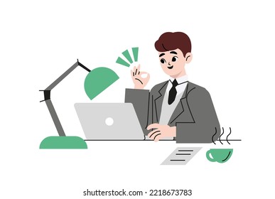 Young Person Showing Laptop And Gesturing Thumbs Up Or Like Symbol. Business Man Carrying Computer. Male Character Holding Digital Technology Device. Modern Lifestyle Illustration In Vector Cartoon.