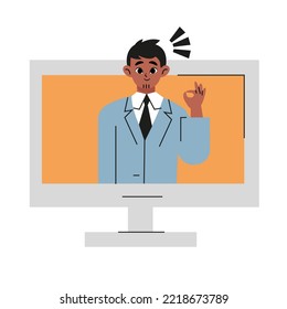 Young Person Showing Laptop And Gesturing Thumbs Up Or Like Symbol. Business Man On The Screen Computer. Male Character On Digital Technology Device. Modern Lifestyle Illustration In Vector Cartoon.