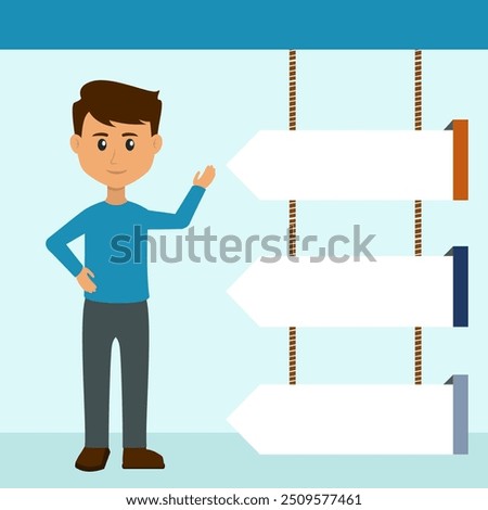 A young person shows an empty infographic, you can fill in the necessary information