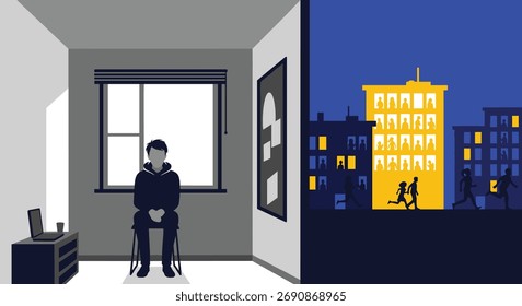 Young Person Sits Indoors While City Life Continues Outdoors at Night
