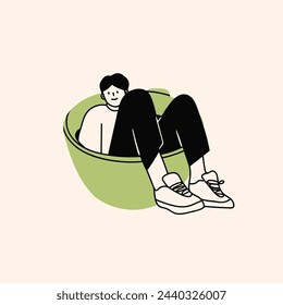 Young Person sitting in the big giant Cup. Funny cute character. Cartoon comic style. Hand drawn colored trendy Vector illustration. Isolated design element. Logo, print, icon, design template