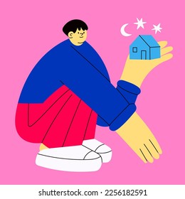 Young person sitting and holding tiny house, small building. Cute cartoon character with small head. Hand drawn Vector illustration. Real estate, property, housing, design studio, sweet home concept