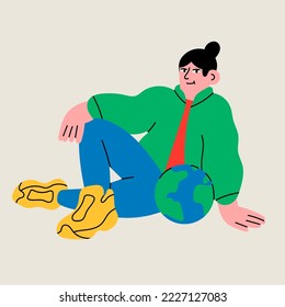 Young person sitting near planet Earth with care and love. Cute cartoon character. Small globe. Hand drawn Vector illustration. World Earth day, energy saving, zero waste, save planet, ecology concept