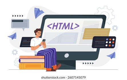 A young person sitting on books using smartphone in front of a large computer screen displaying HTML code tags, surrounded by coding elements. Concept of web development learning. Vector illustration