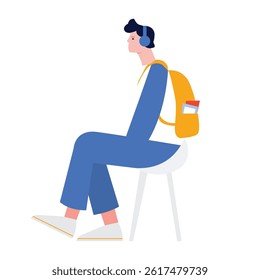 Young person sitting on a chair with headphones and a backpack in a minimalistic background