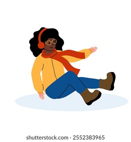 Young person sitting on the ground wearing headphones and a winter outfit in a snowy environment