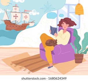 Young person sitting reading a book about olden day travel by wooden sailing ships and the crusades with a cat relaxing on her lap in a living room at home, vector illustration