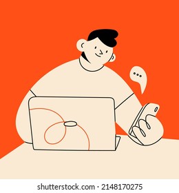 Young person sitting at table, using laptop, looking at smartphone, receiving message. Working online, freelancing, internet browsing concept. Cartoon style character. Hand drawn Vector illustration