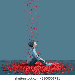 Young person sitting thoughtfully while a cascade of red heart shapes falls around and on them, symbolizing overwhelming love, affection, and emotional embrace