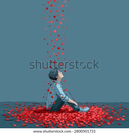 Young person sitting thoughtfully while a cascade of red heart shapes falls around and on them, symbolizing overwhelming love, affection, and emotional embrace
