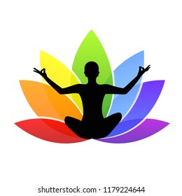 young person sitting in yoga meditation lotus position silhouette with colorful lily in rainbow colors vector illustration EPS10