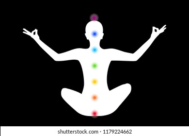 young person sitting in yoga meditation lotus position silhouette with colorful chakra points vector illustration EPS10