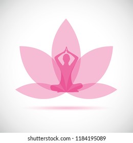 young person sitting in yoga meditation lotus position silhouette with pink lily vector illustration EPS10