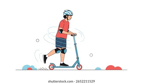 Jovem habilmente monta um chute scooter usando equipamento de segurança para transporte urbano ativo e recreação