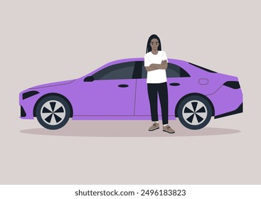 A young person stands confidently beside a lavender sedan, arms crossed, seemingly lost in thought