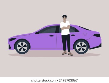 A young person stands confidently beside a lavender sedan, arms crossed, seemingly lost in thought