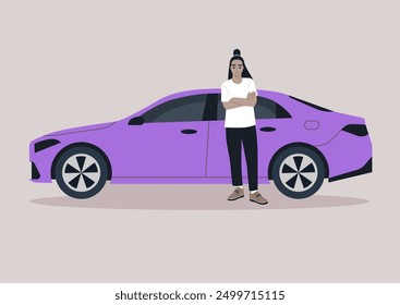 A young person stands confidently beside a lavender sedan, arms crossed, seemingly lost in thought