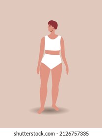 Young person stands in his underwear. European or American female. Flat vector stock illustration. Natural body. Modern woman isolated for design