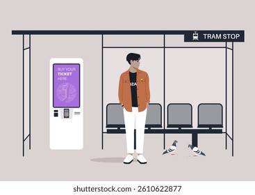A young person stands at a tram stop, casually dressed, surrounded by empty seats and pigeons, as the urban hustle unfolds in the background