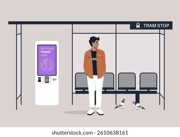 A young person stands at a tram stop, casually dressed, surrounded by empty seats and pigeons, as the urban hustle unfolds in the background